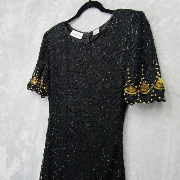 Laurence Kazar Black Gold Beaded Sequin Evening Dress Mini Short Sleeve Silk S - Picture 9 of 13